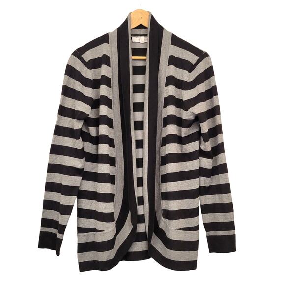 Pointelle Cardigan Women's Large Gray Black Open Front Striped Office Layer - Picture 1 of 6